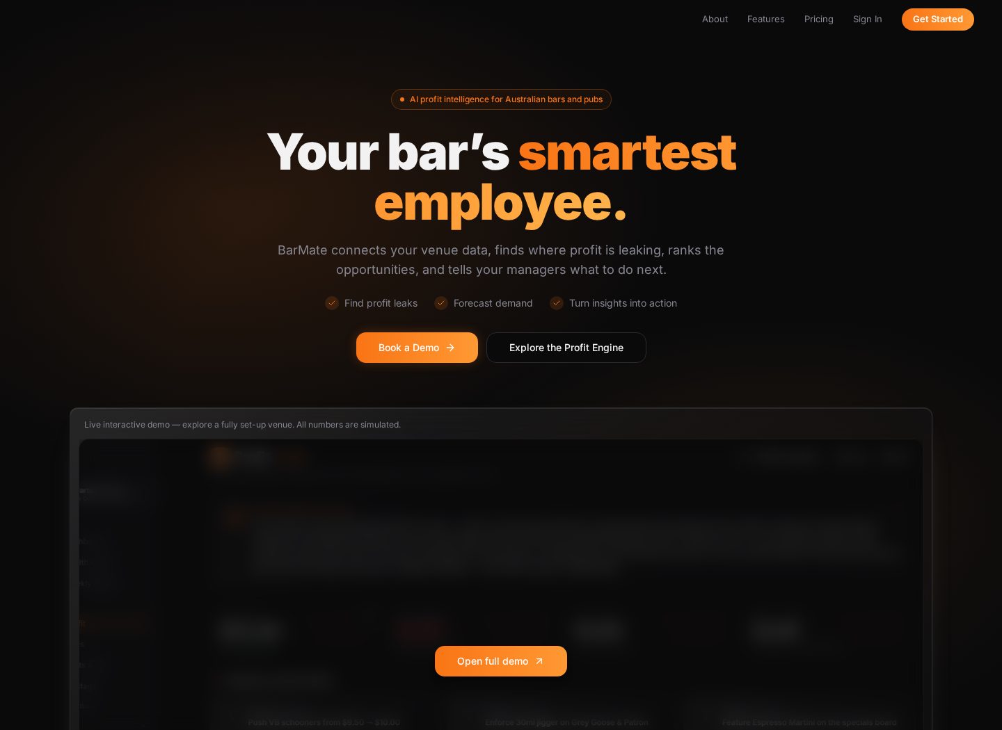 BarMate hospitality technology website shown in a desktop browser