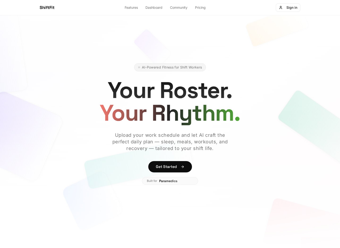 ShiftFit AI fitness platform website shown in a desktop browser
